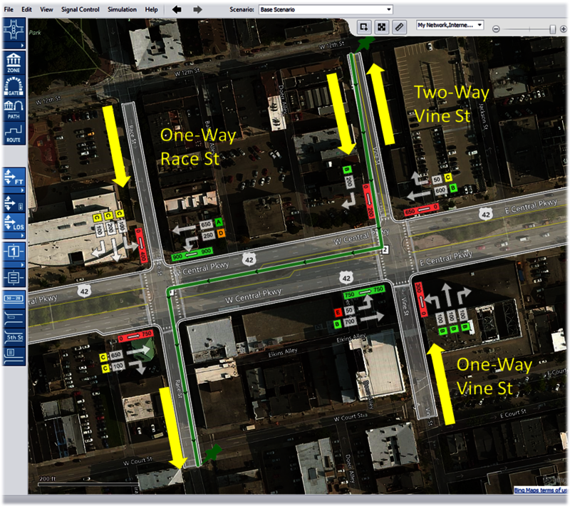 PTV Vistro can easily reconfigure signal timings and optimization along routes in one-way to Two-way conversion projects. 