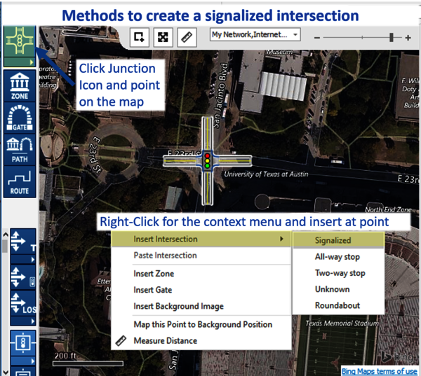 Drop a signalized intersection directly on the Bing base map to create your traffic signal controller. 