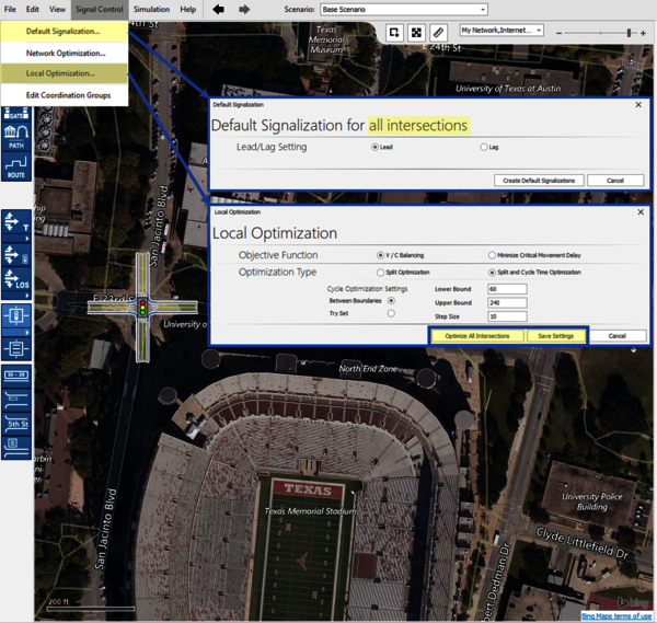 PTV Vistro's Local Optimization settings and Default Signalization of all intersections.