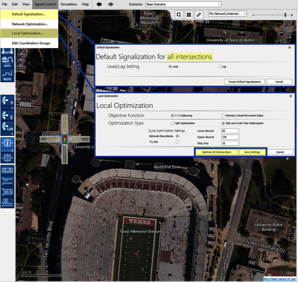 PTV Vistro's Local Optimization settings and Default Signalization of all intersections. 