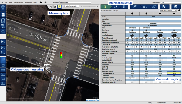 PTV Vistro's measuring tool can be used measure crosswalk lengths from Bing maps.